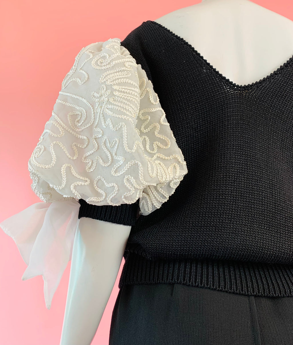 Black & White Puff Sleeve Knit Sweater — vintage top in black, white