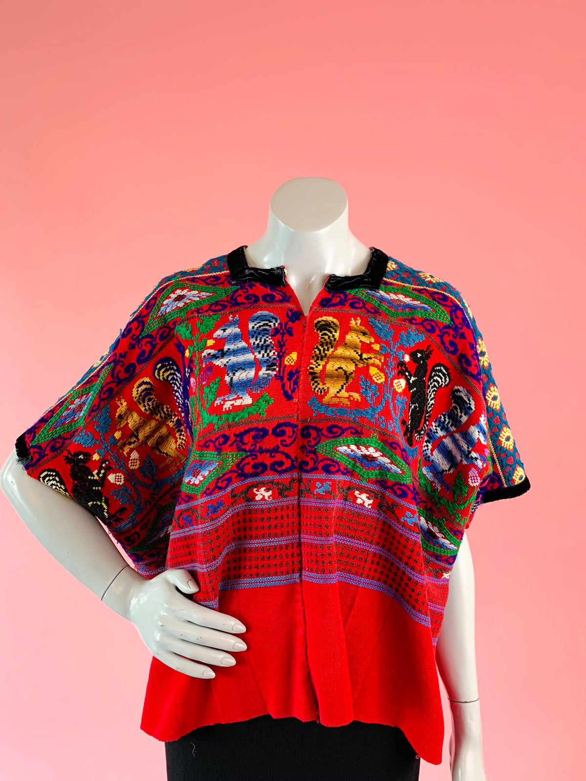 Embroidered Animals Red Cotton Huipil — vintage caftan in red