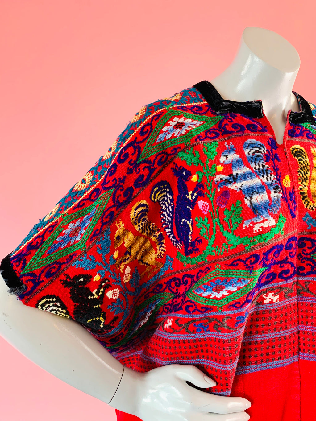 Embroidered Animals Red Cotton Huipil — vintage caftan in red