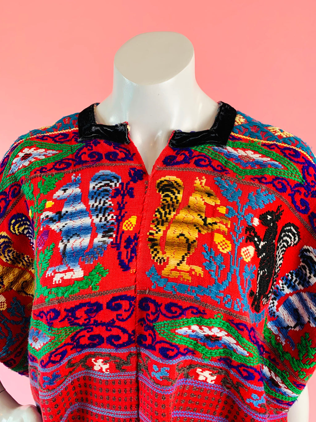 Embroidered Animals Red Cotton Huipil — vintage caftan in red