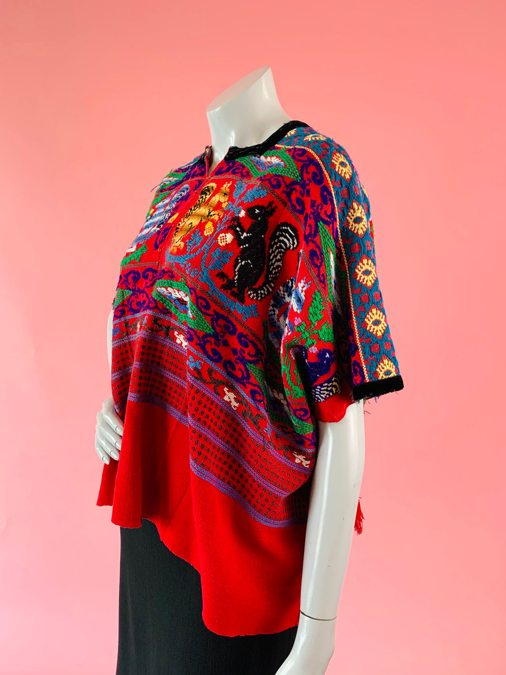 Embroidered Animals Red Cotton Huipil — vintage caftan in red