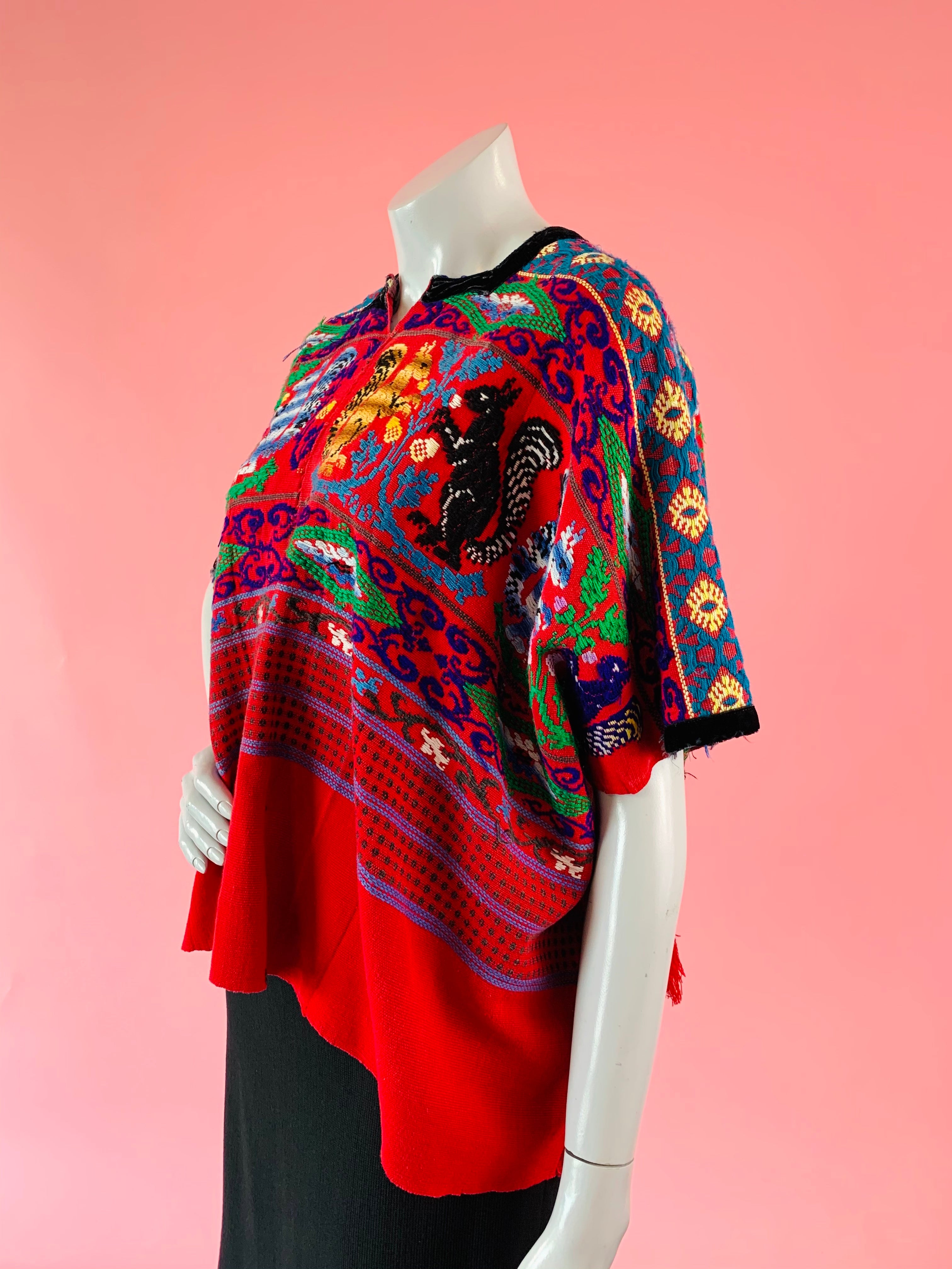 Embroidered Animals Red Cotton Huipil — vintage caftan in red