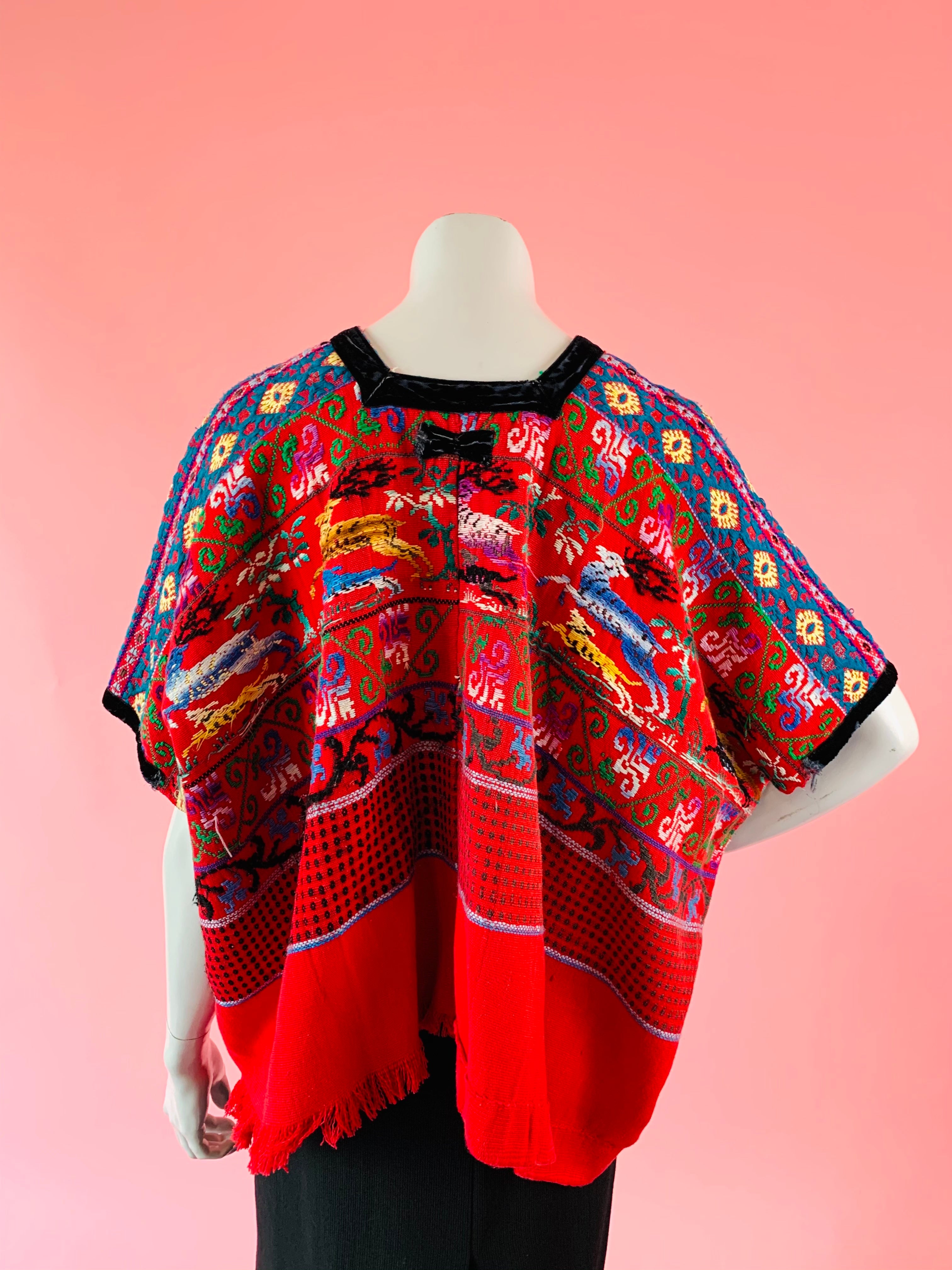 Embroidered Animals Red Cotton Huipil — vintage caftan in red