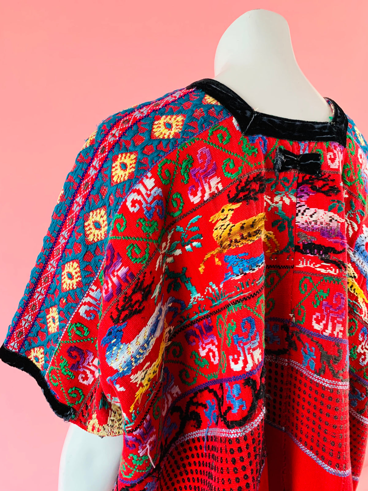 Embroidered Animals Red Cotton Huipil — vintage caftan in red