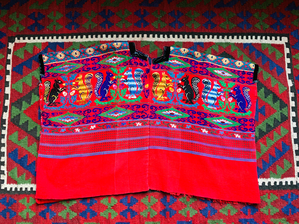 Embroidered Animals Red Cotton Huipil — vintage caftan in red