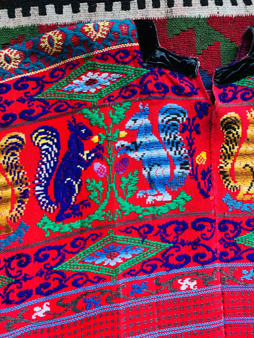 Embroidered Animals Red Cotton Huipil — vintage caftan in red