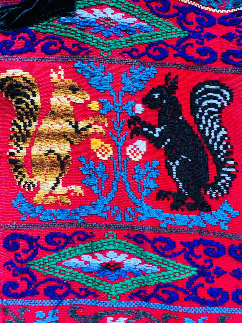 Embroidered Animals Red Cotton Huipil — vintage caftan in red