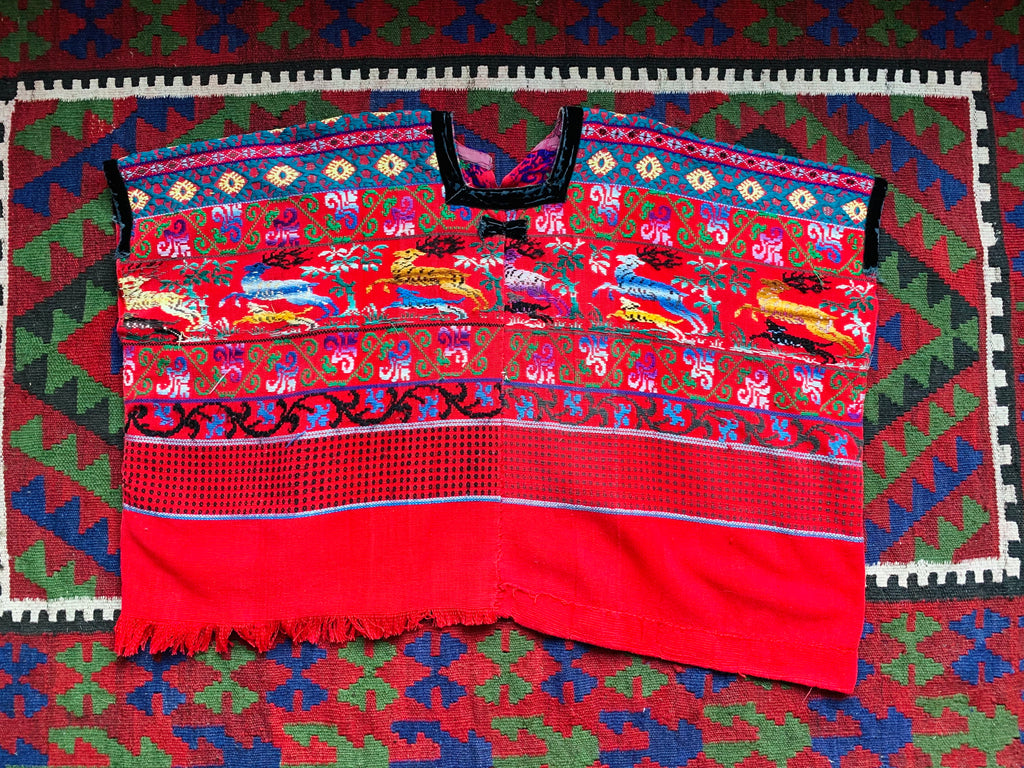 Embroidered Animals Red Cotton Huipil — vintage caftan in red