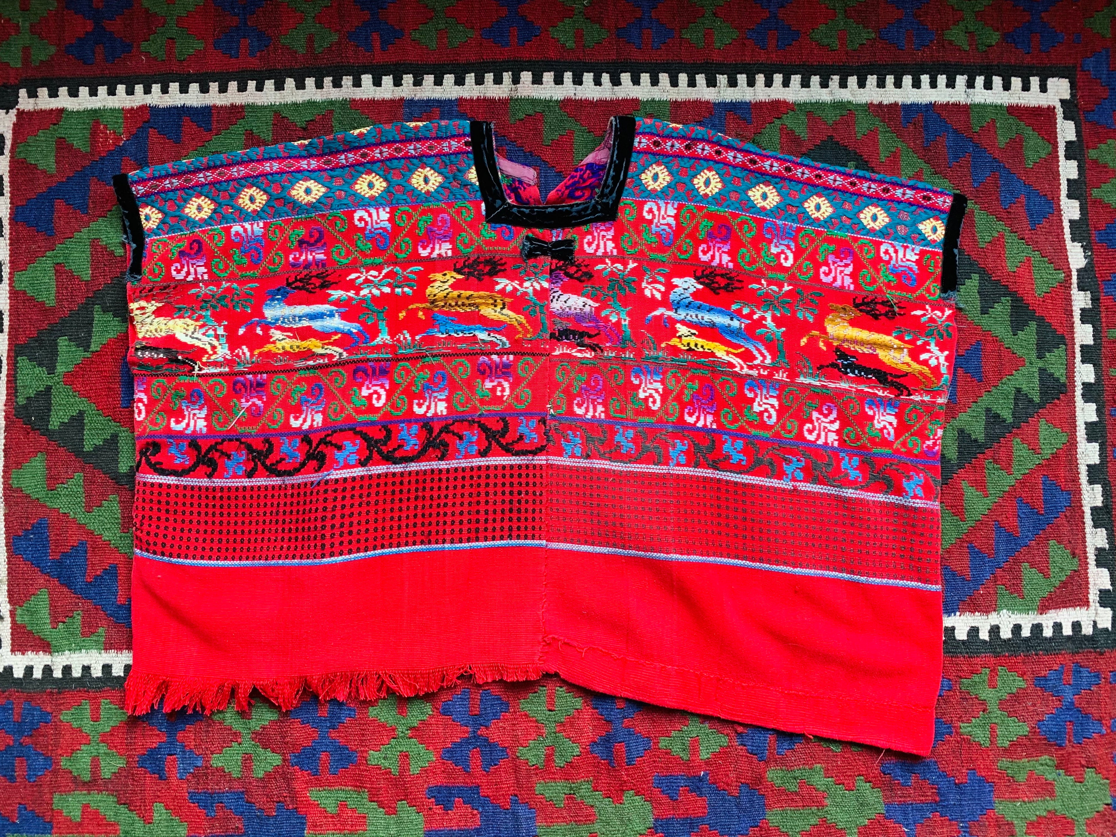 Embroidered Animals Red Cotton Huipil — vintage caftan in red