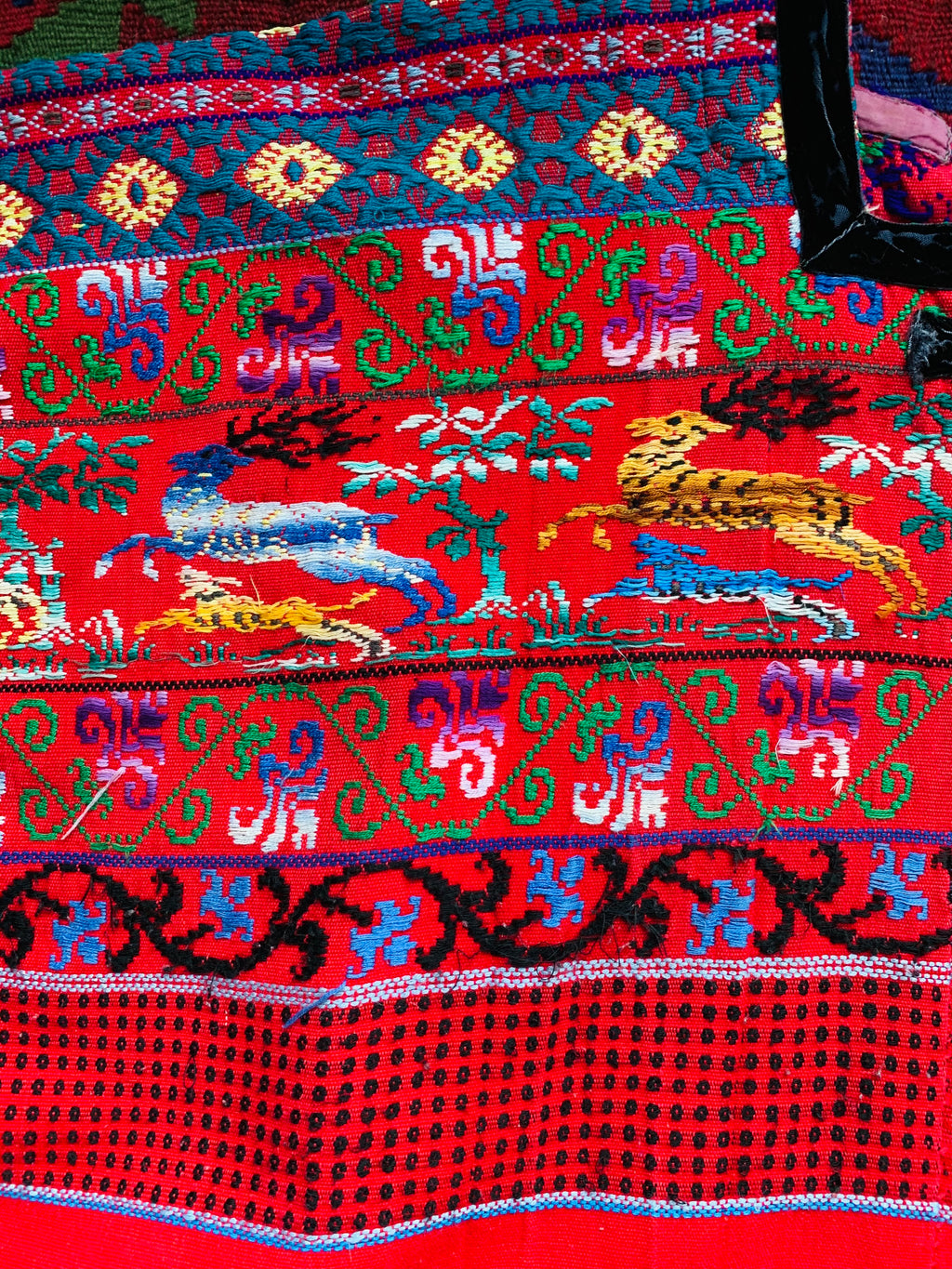Embroidered Animals Red Cotton Huipil — vintage caftan in red
