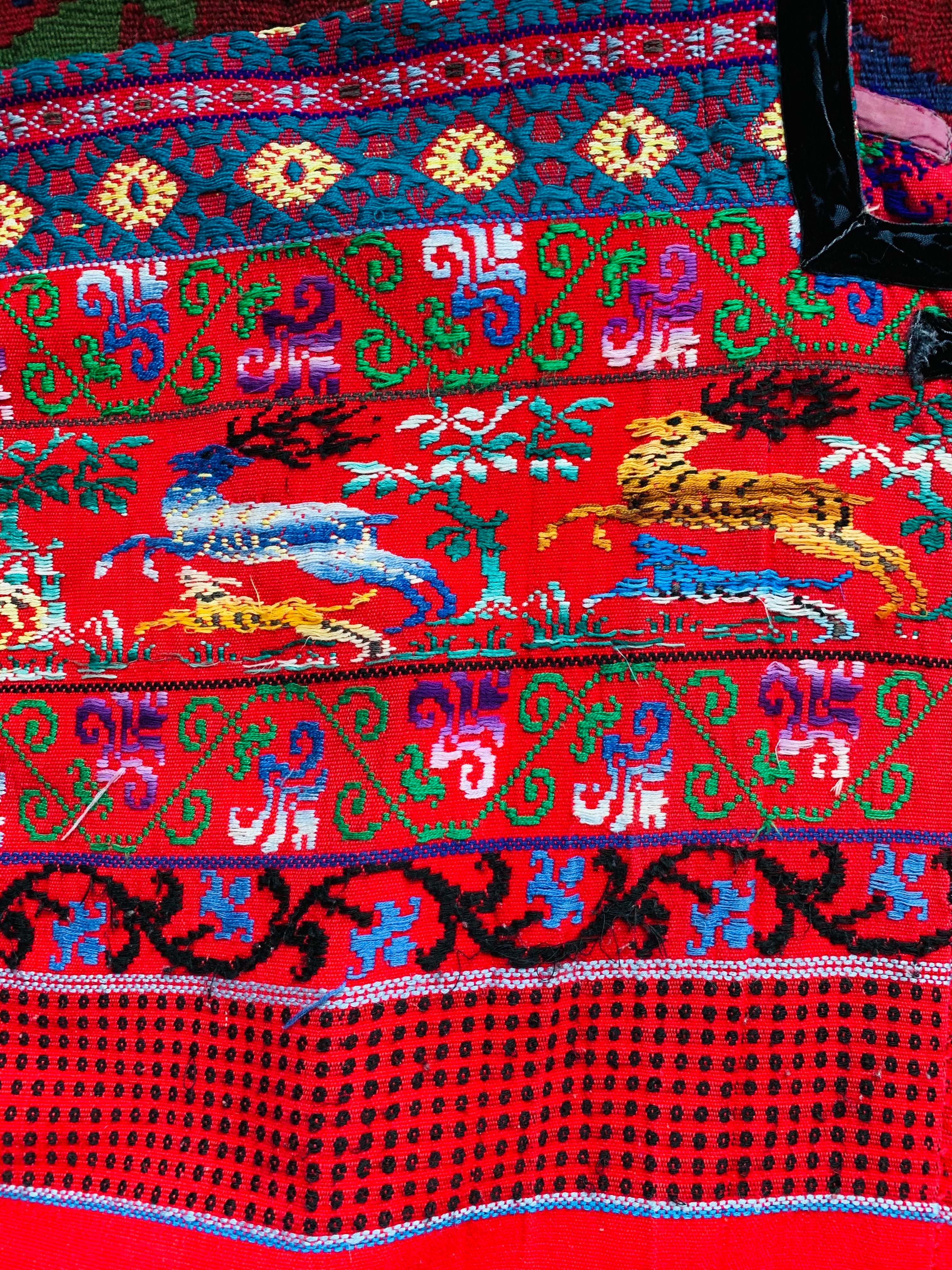 Embroidered Animals Red Cotton Huipil — vintage caftan in red