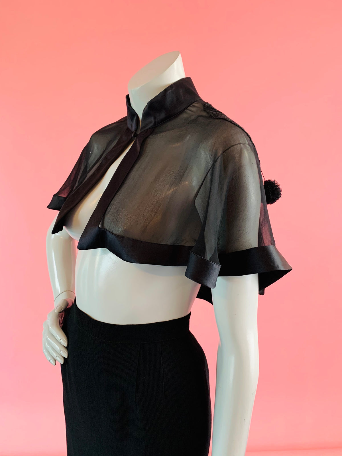 La Perla Black Sheer Embroidered Silk Capelet — vintage La Perla top in black