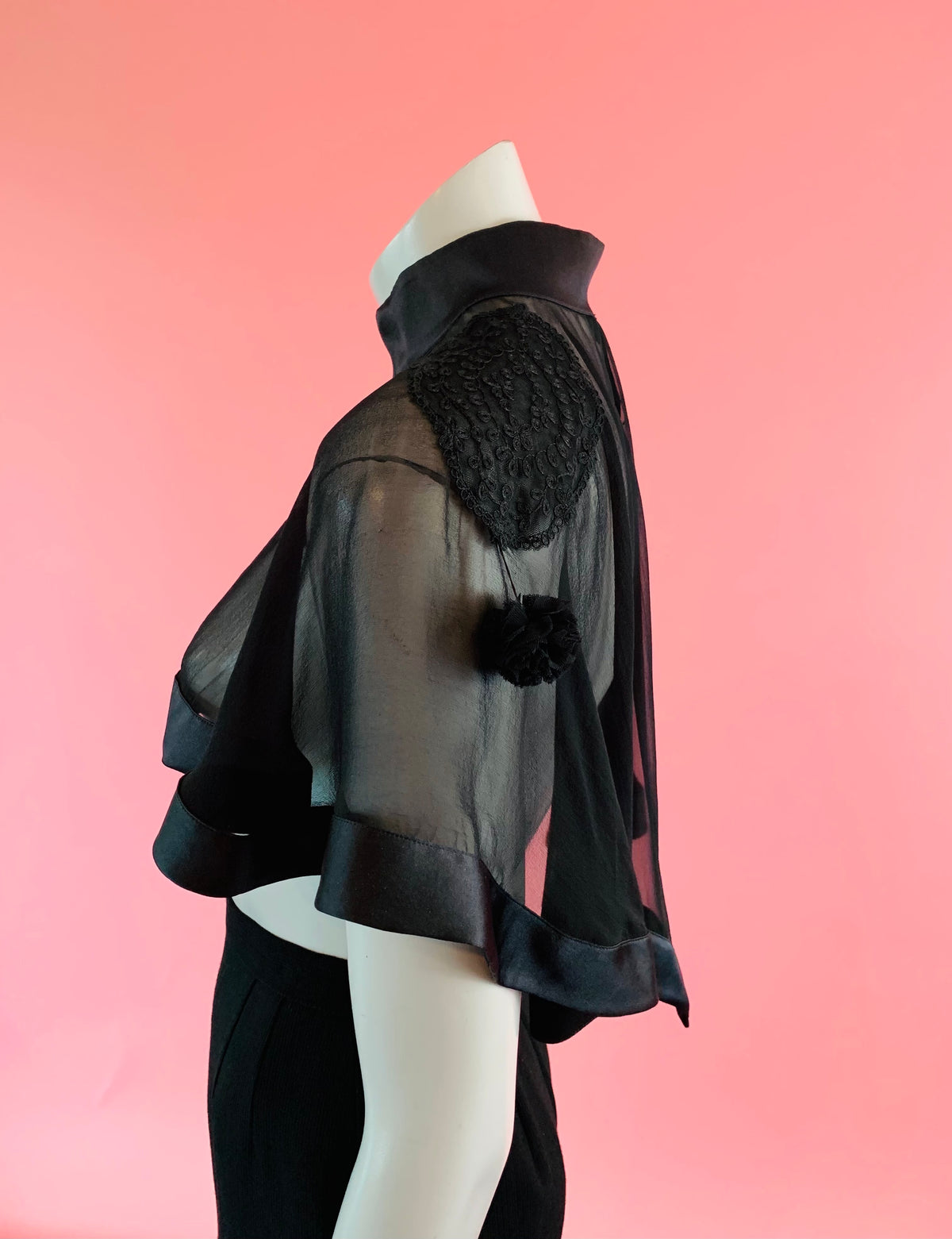 La Perla Black Sheer Embroidered Silk Capelet — vintage La Perla top in black