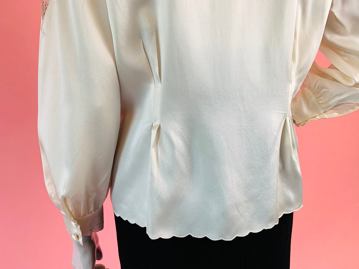 Pierre Cardin Creme Silk Cut Out Embroidered Blouse — vintage Pierre Cardin top