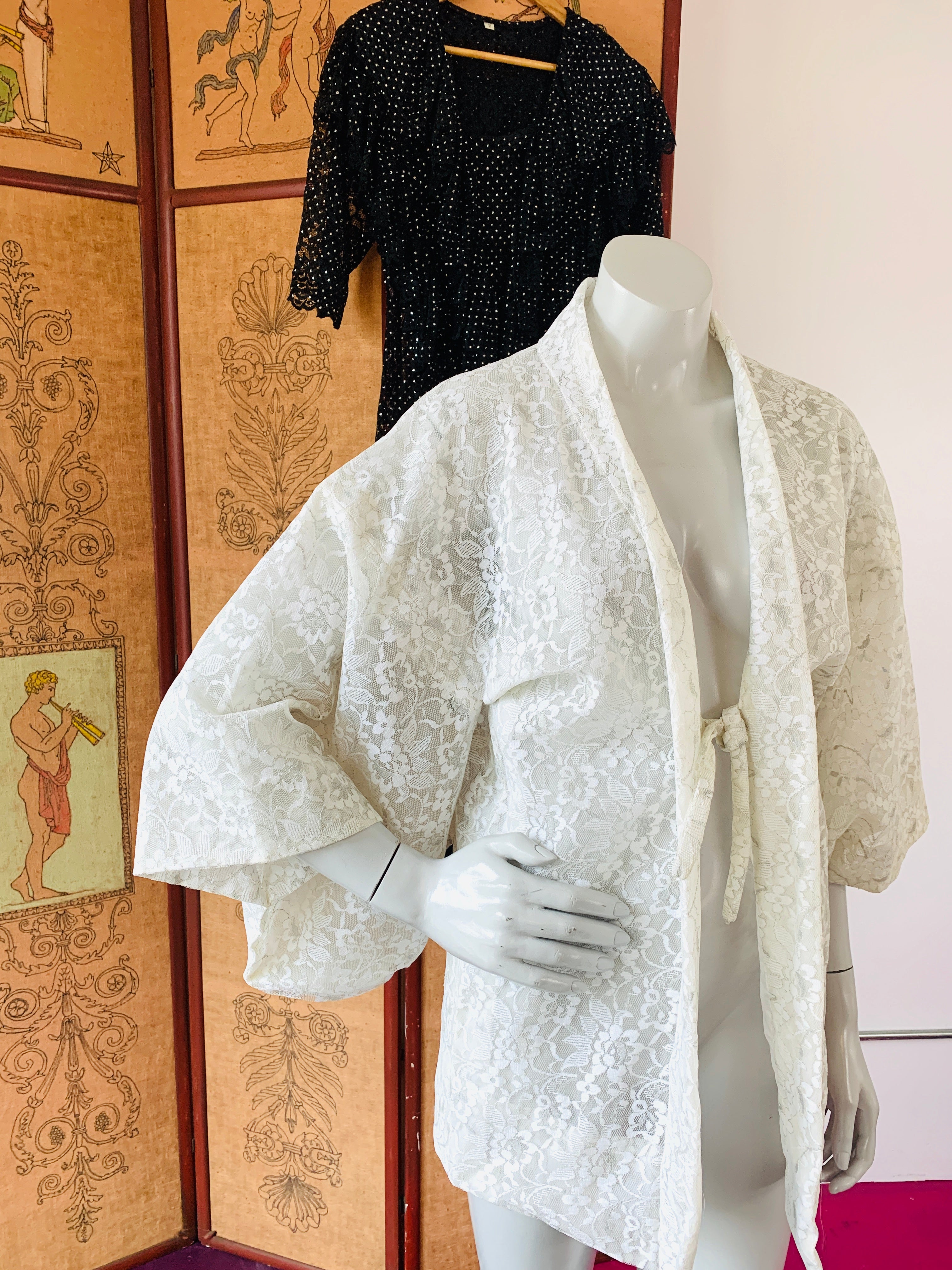 White Lace Metallic Silver Detail Summer Haori Kimono Jacket — vintage 1970s jacket in white, silver