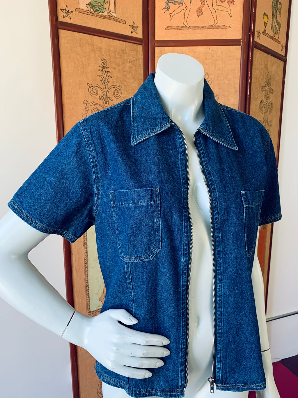 Bill Blass Zip Up Denim Short Sleeve Shirt — vintage Bill Blass top in blue