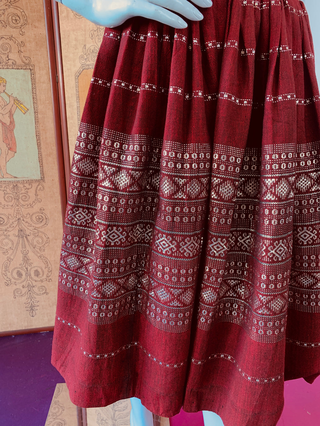 Guatemalan Silver Metallic Burgundy Skirt — vintage bottoms in silver