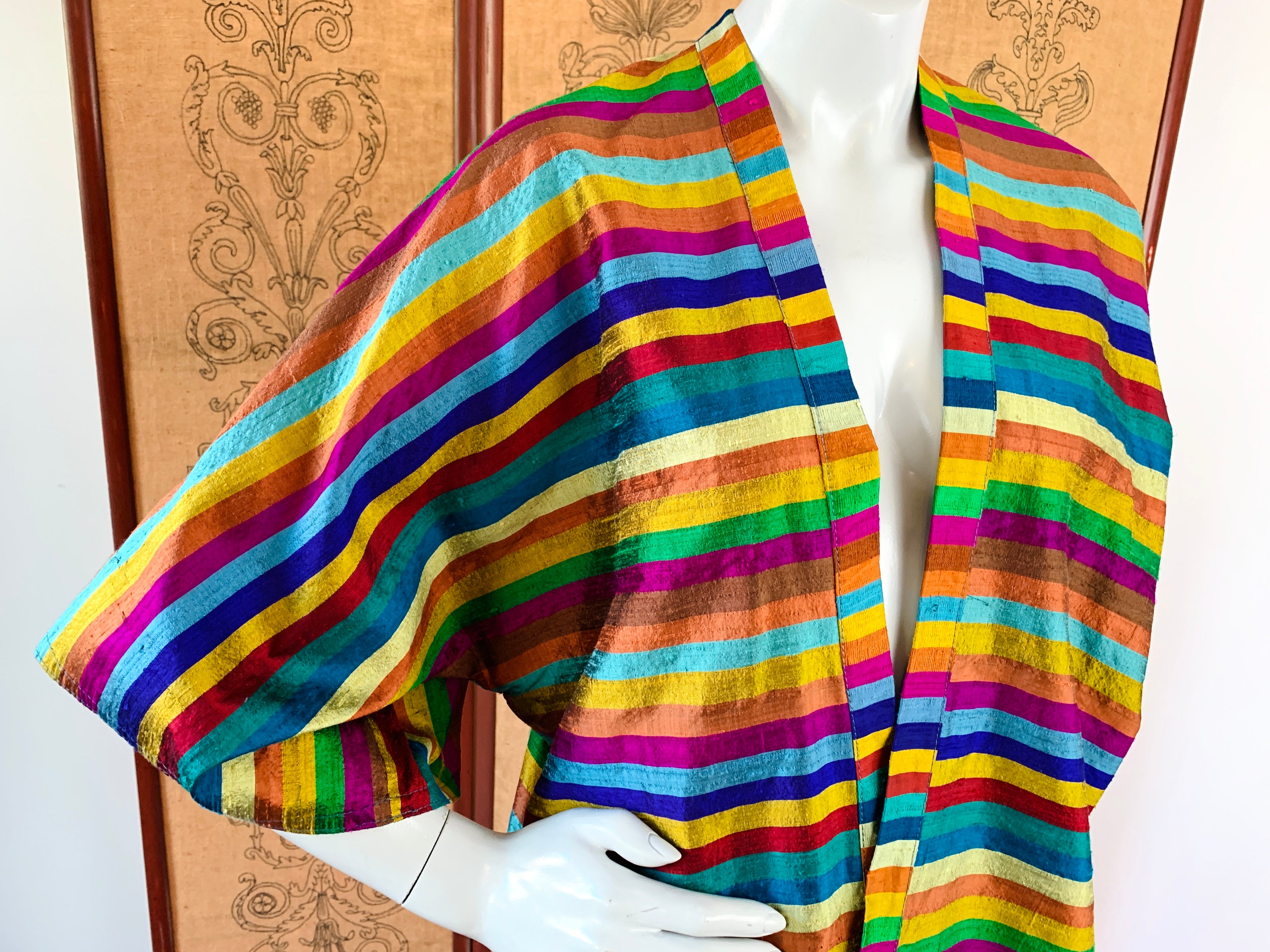Silk Rainbow Striped Mini Kimono Duster — vintage 1990s Emily Wetherby jacket in multicolour