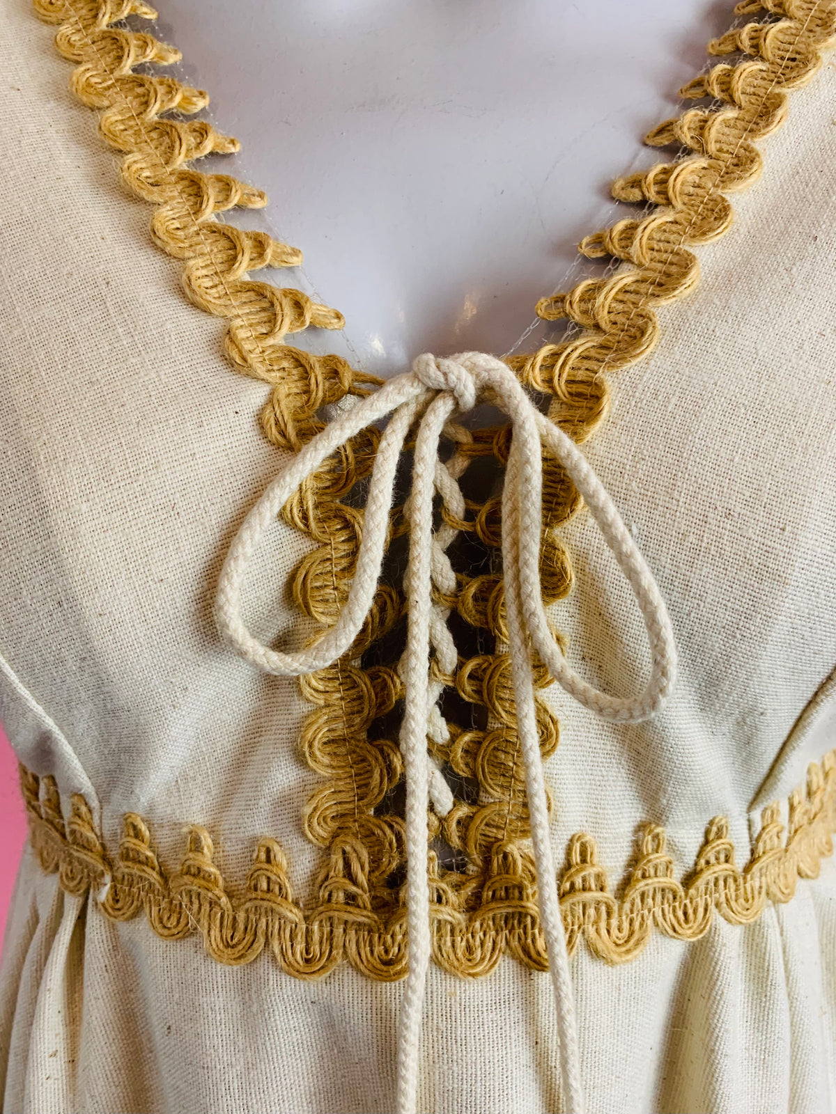 Gunne Sax Lace Up Vanilla Bean Cotton Maxi Dress — vintage 1970s Gunne Sax dress