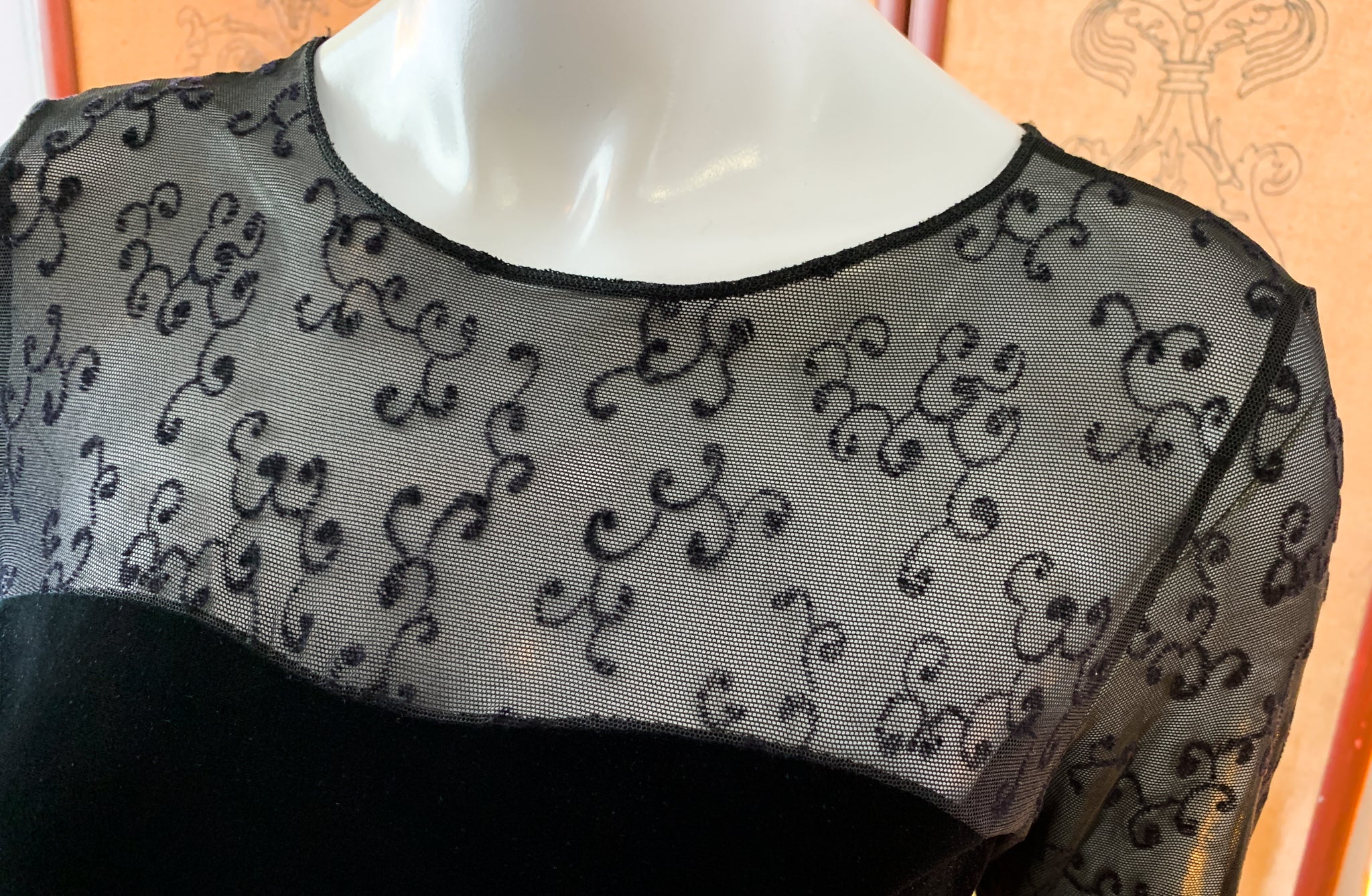 Black Velvet Mesh Thong Bodysuit — vintage 1990s top in black