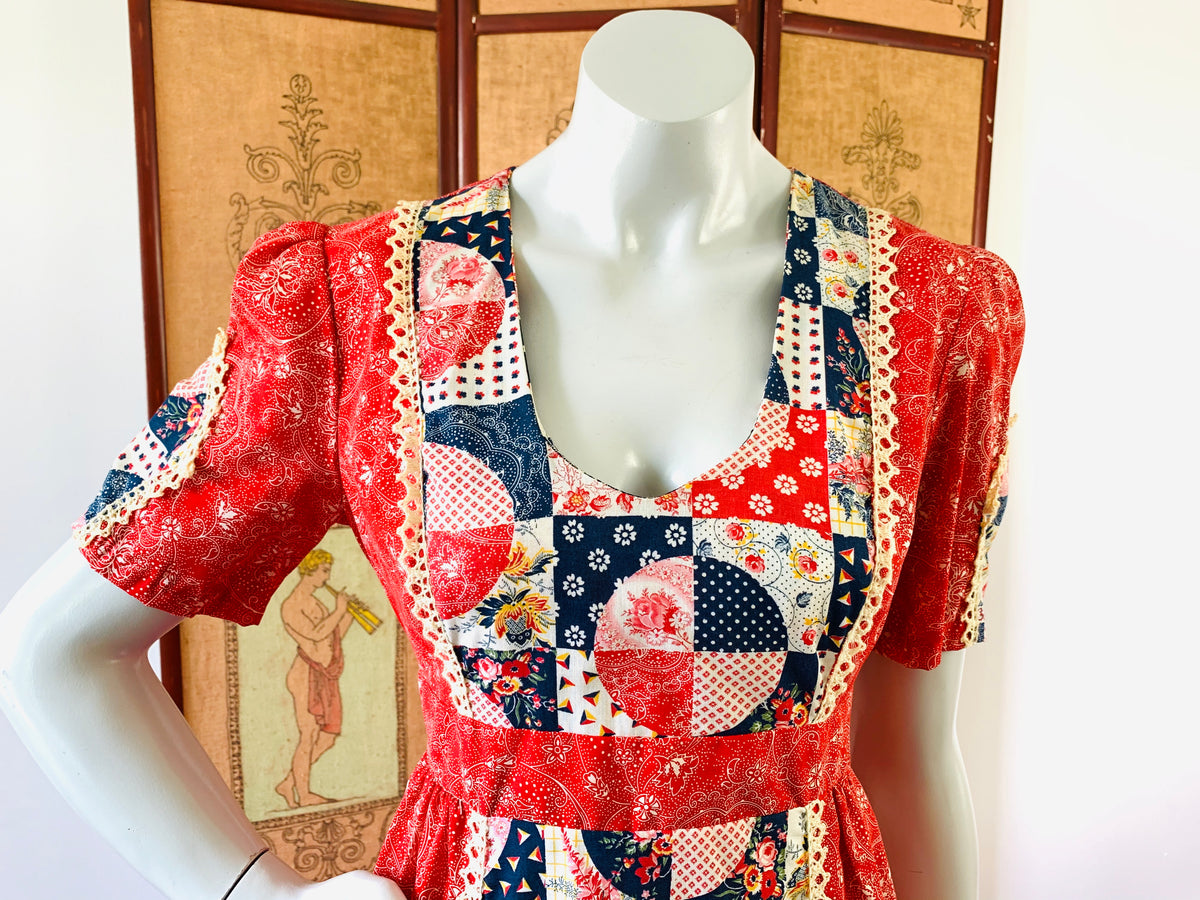 Red Paisley Patchwork Print 1970s Puff Sleeve Maxi Dress — vintage 1970s dress in red