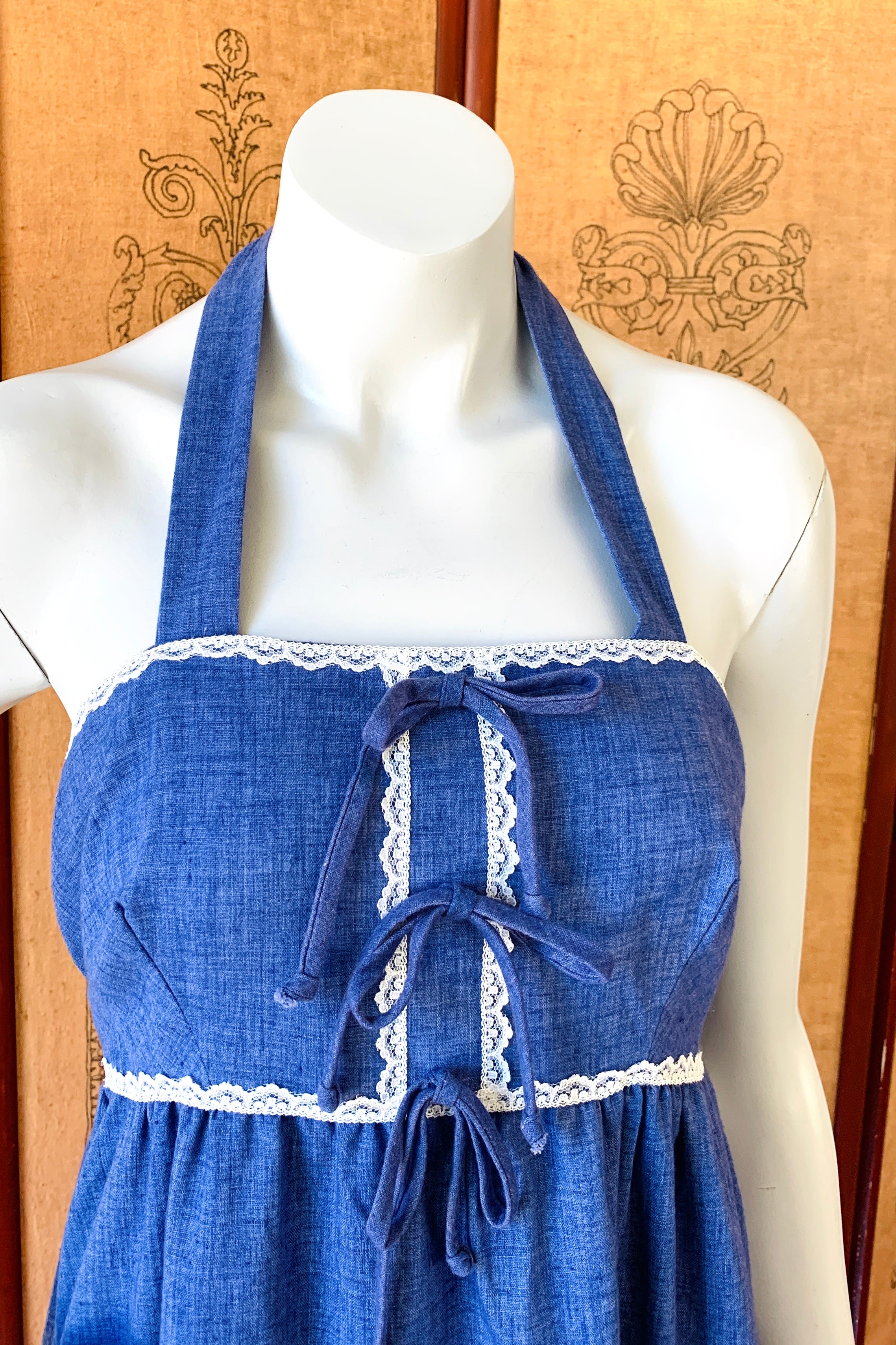 Blue 70s Tiered Halter Dress — vintage 1970s dress in blue