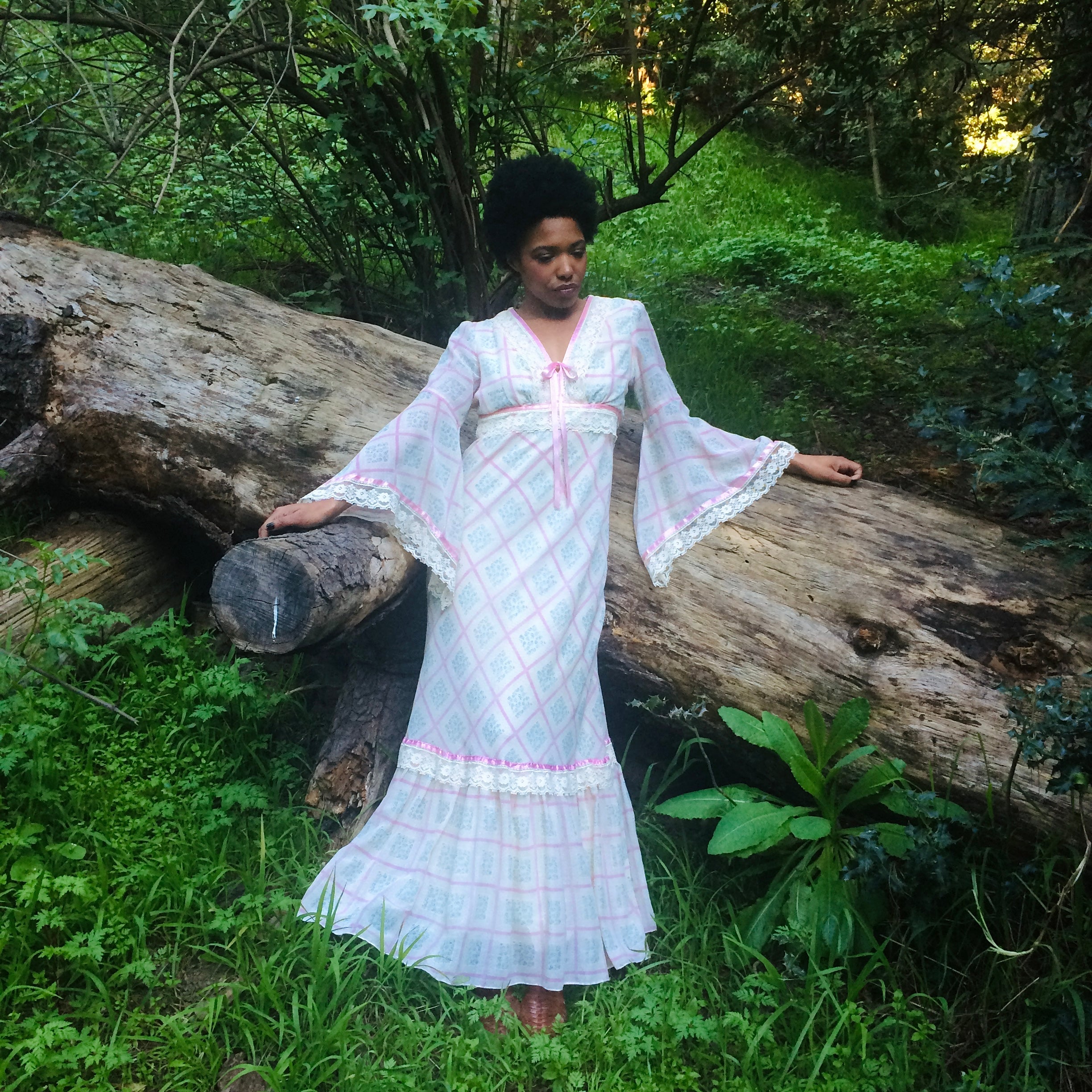 Gorgeous 70s Diamond Print Fairy Sleeve Maxi Dress — vintage 1970s dress in white, pink, blue