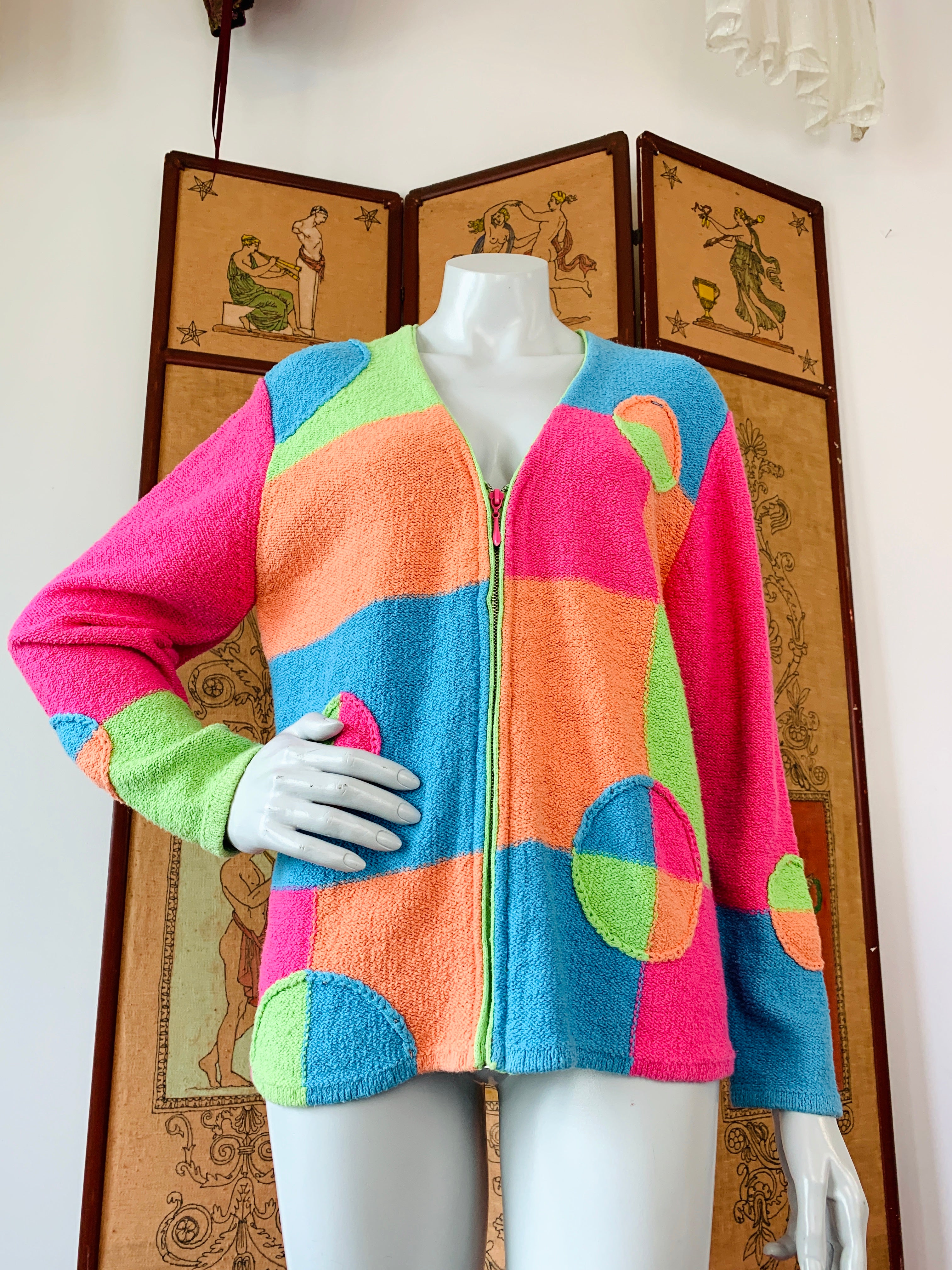 Sherbet 90s Colorblock Zip Up Cotton Sweater — vintage 1990s knit in orange