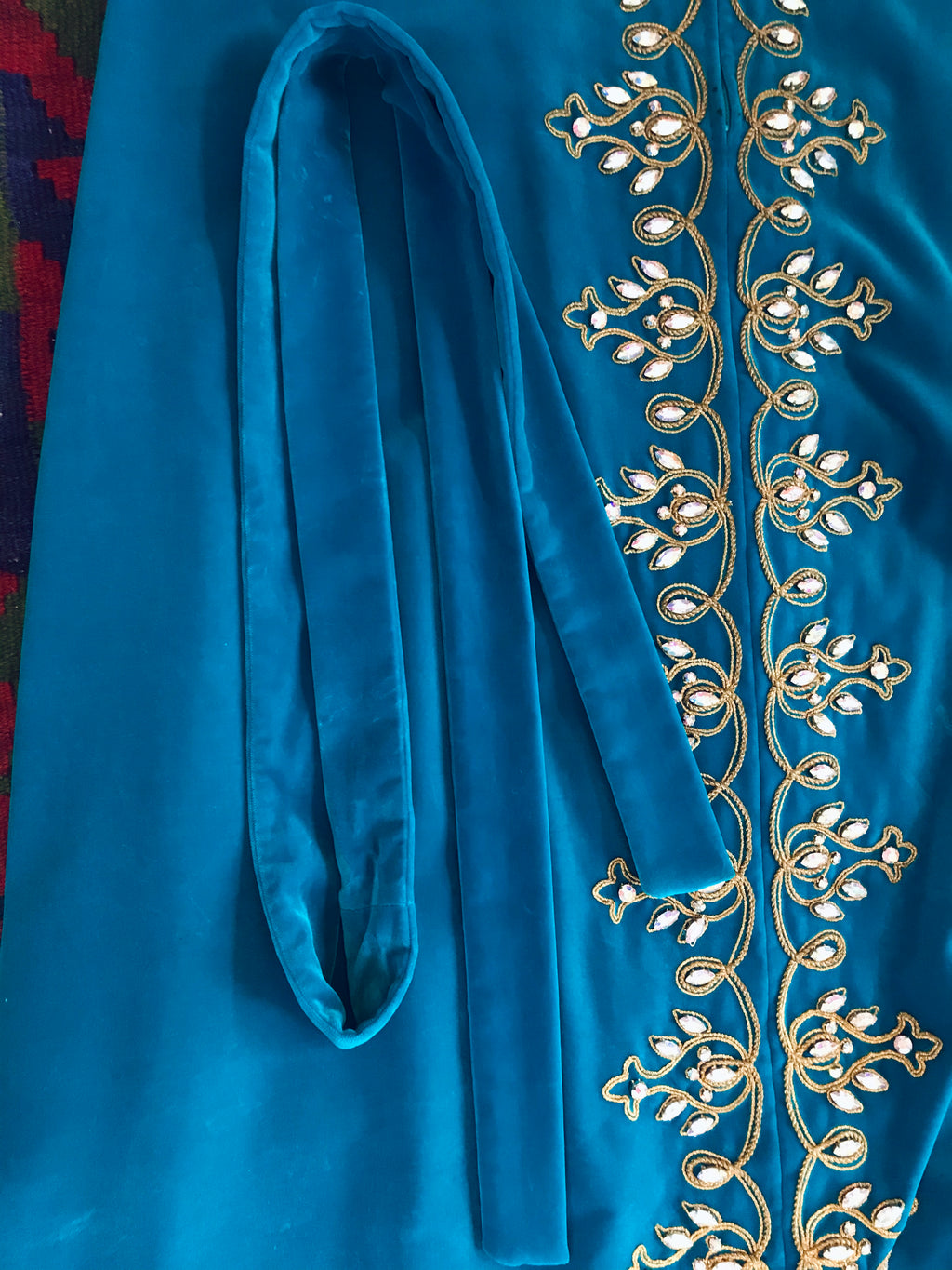 Turquoise High Priestess 1960s Bejeweled Velvet Caftan — vintage 1960s Malouf Design caftan in blue