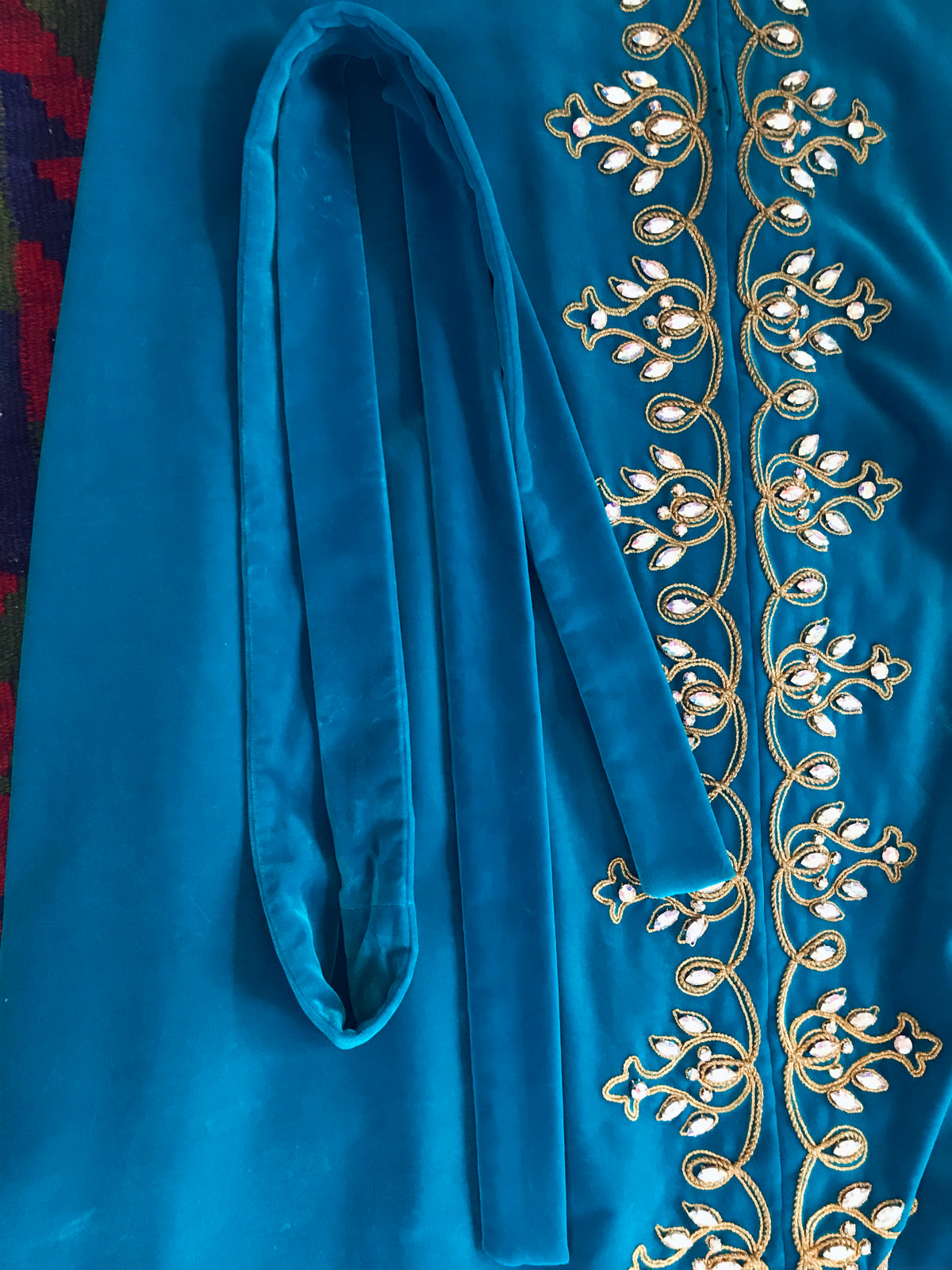 Turquoise High Priestess 1960s Bejeweled Velvet Caftan — vintage 1960s Malouf Design caftan in blue