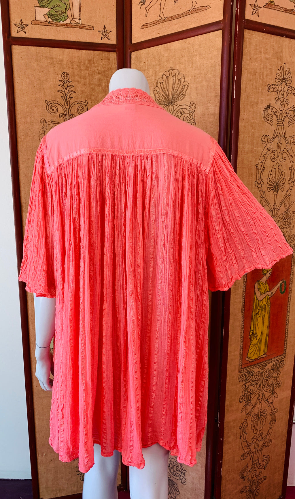 Pink Cotton Gauze Grecian Angel Sleeve Duster — vintage jacket in pink