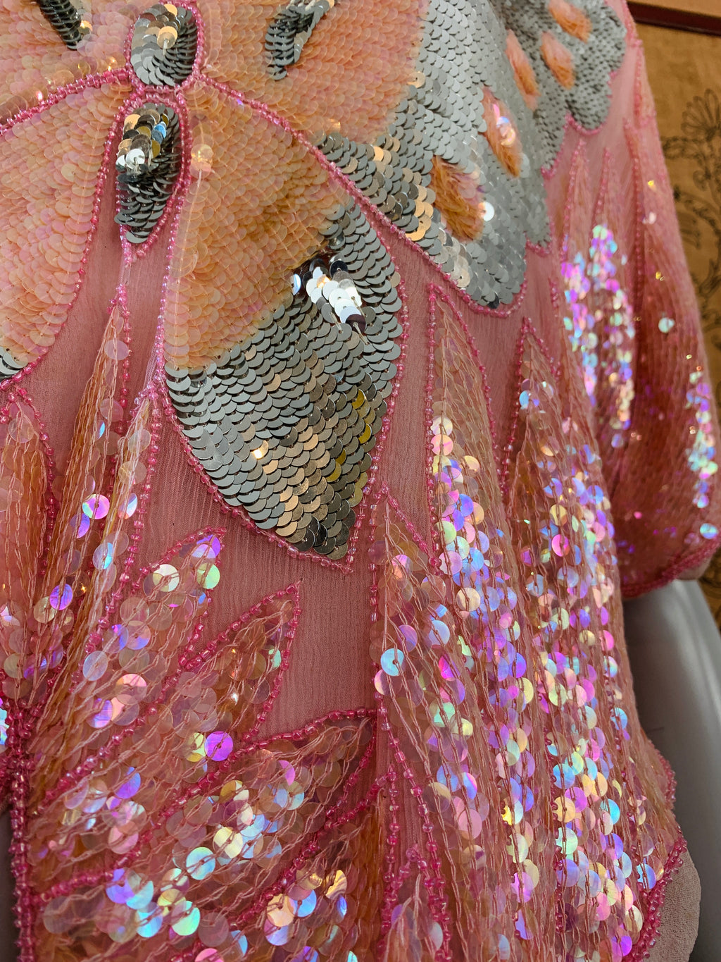Pink Sequin Butterfly Silk Blouse — vintage 1980s top in pink