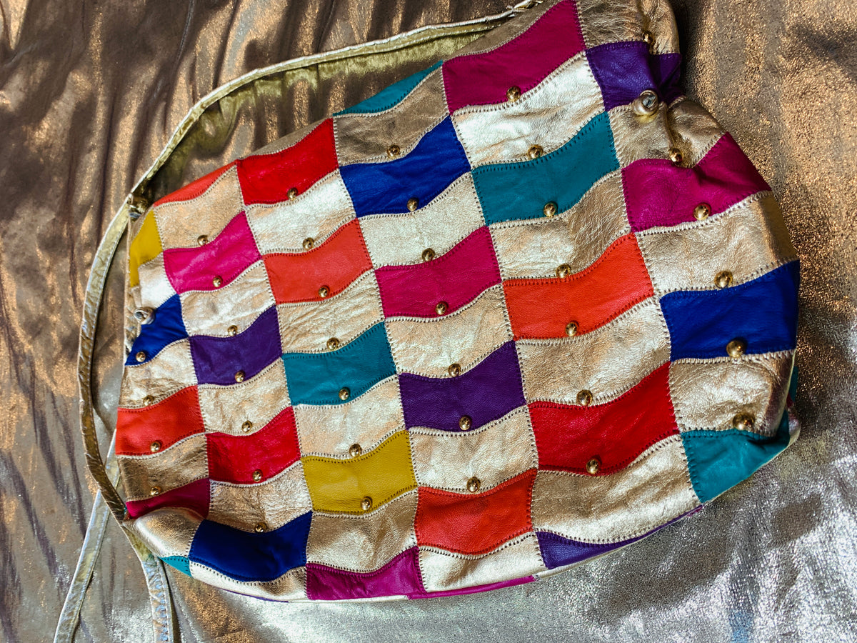 Gold Leather Studded Rainbow Patchwork Purse — vintage 1980s Avanté bag in gold, multicolour