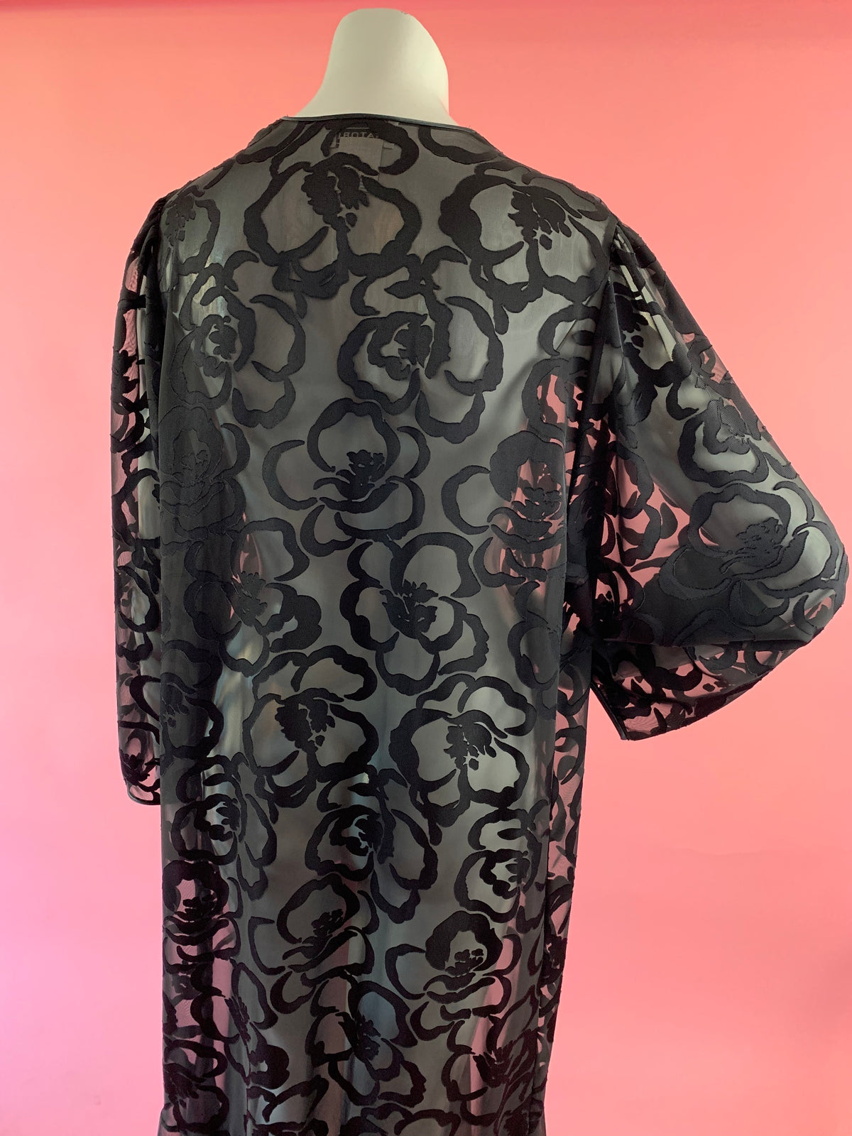 Black Burnout Sheer Trumpet Hem Duster — vintage Natori dress in black