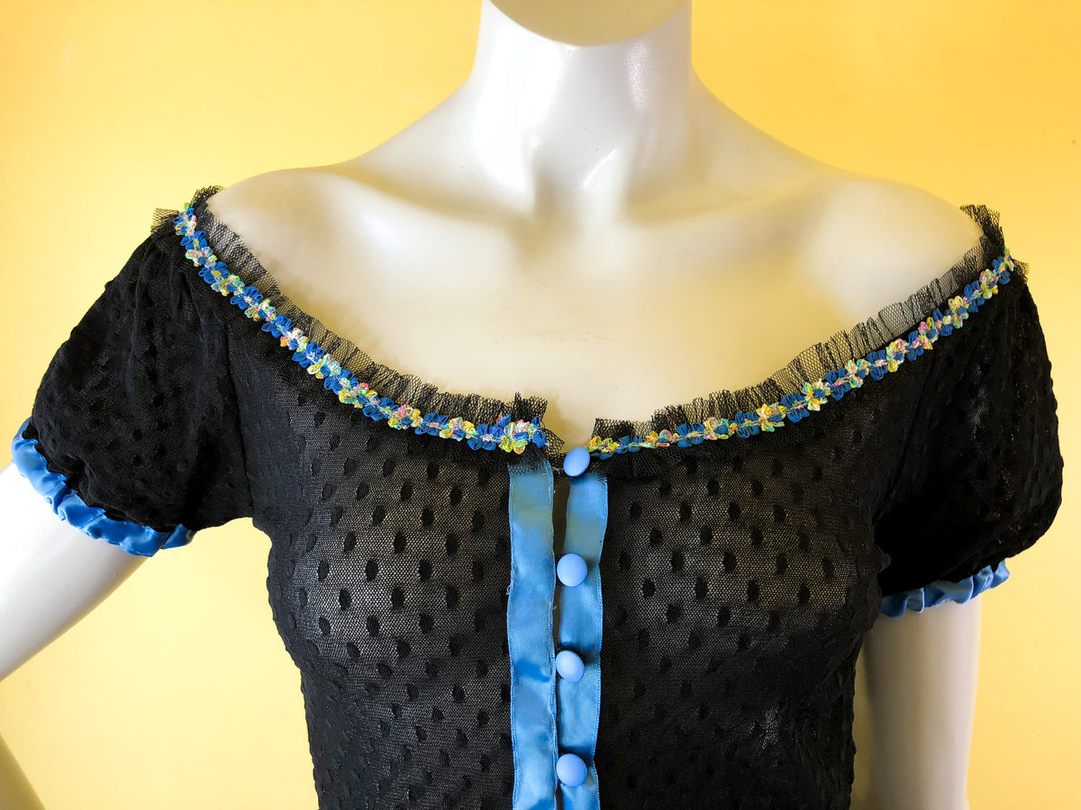 Mesh Lace Betsey Johnson Scoop Neck Blouse — vintage 1990s Betsey Johnson top in black, blue