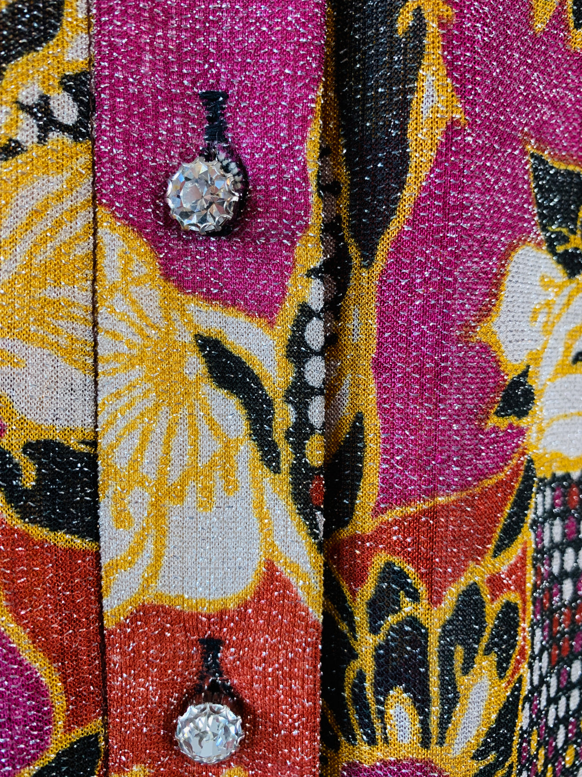 1970s Metallic Disco Maxi Dress Duster with Rhinestone Buttons — vintage 1970s dress in multicolour