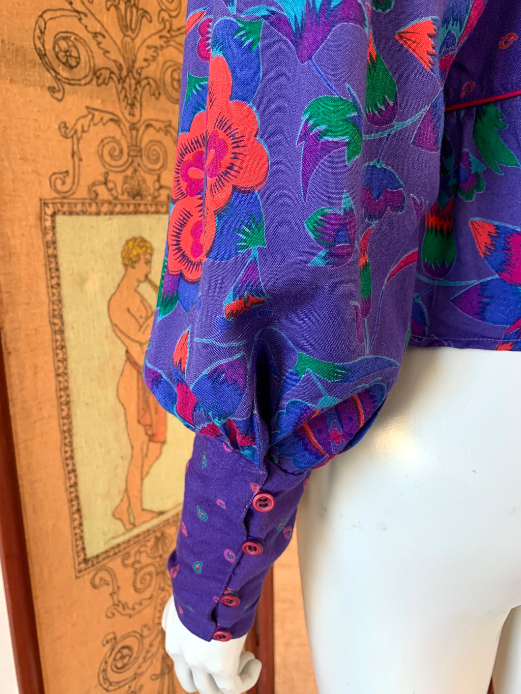 Purple Floral Poet Sleeve Blouse Made in India — vintage 1980s MicheL top in purple