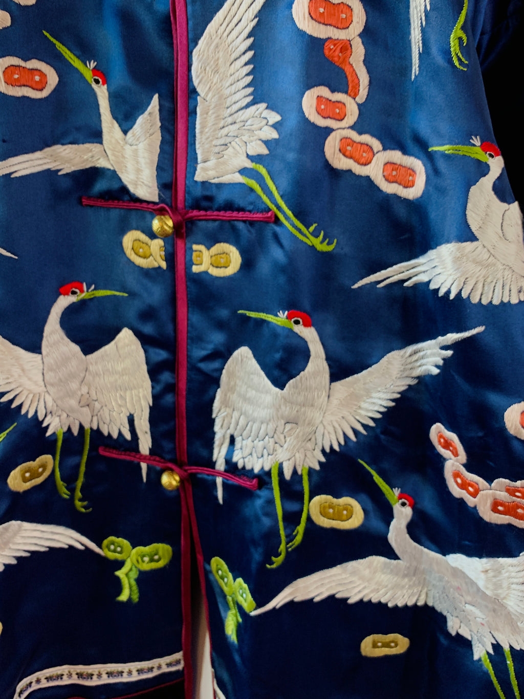 Embroidered Birds & Clouds Silk Chinese Robe — vintage dress in black, gold, blue