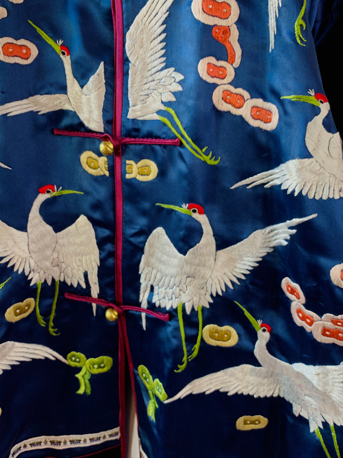 Embroidered Birds & Clouds Silk Chinese Robe — vintage dress in black, gold, blue