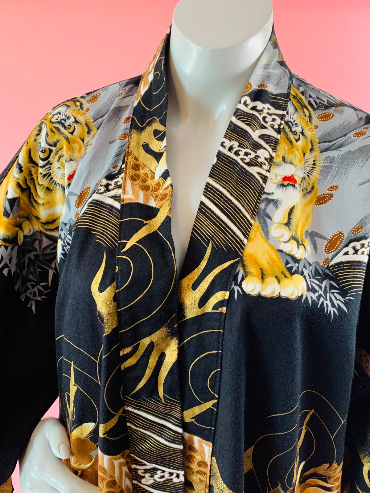 Japanese Tiger Dragon Gold Kimono Cotton Robe — vintage caftan in gold