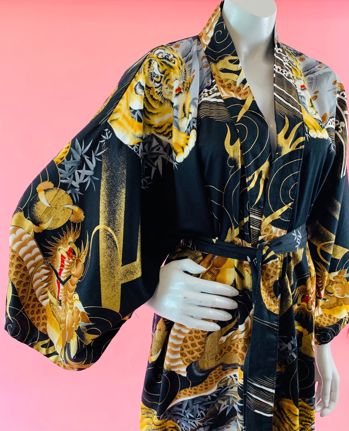 Japanese Tiger Dragon Gold Kimono Cotton Robe — vintage caftan in gold