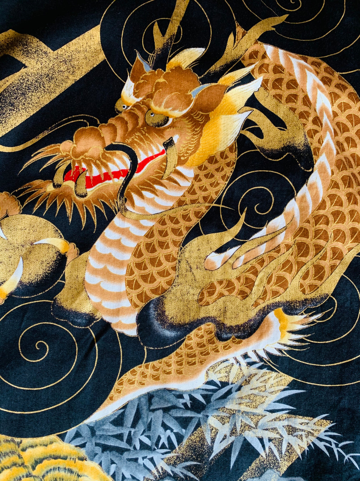 Japanese Tiger Dragon Gold Kimono Cotton Robe — vintage caftan in gold