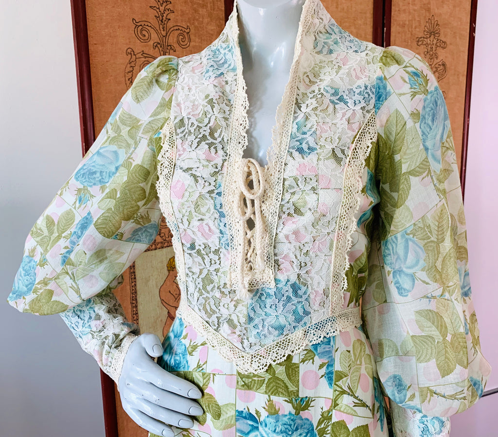 Pastel Rose Print Poet Sleeve 70s Lace Detailed Renaissance Maxi Dress — vintage 1970s dress in pink