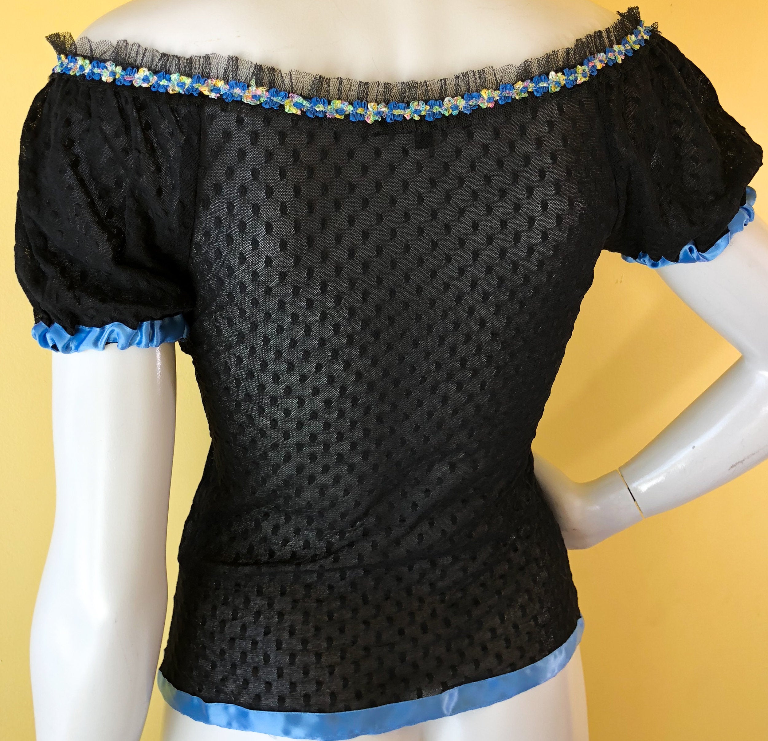 Mesh Lace Betsey Johnson Scoop Neck Blouse — vintage 1990s Betsey Johnson top in black, blue