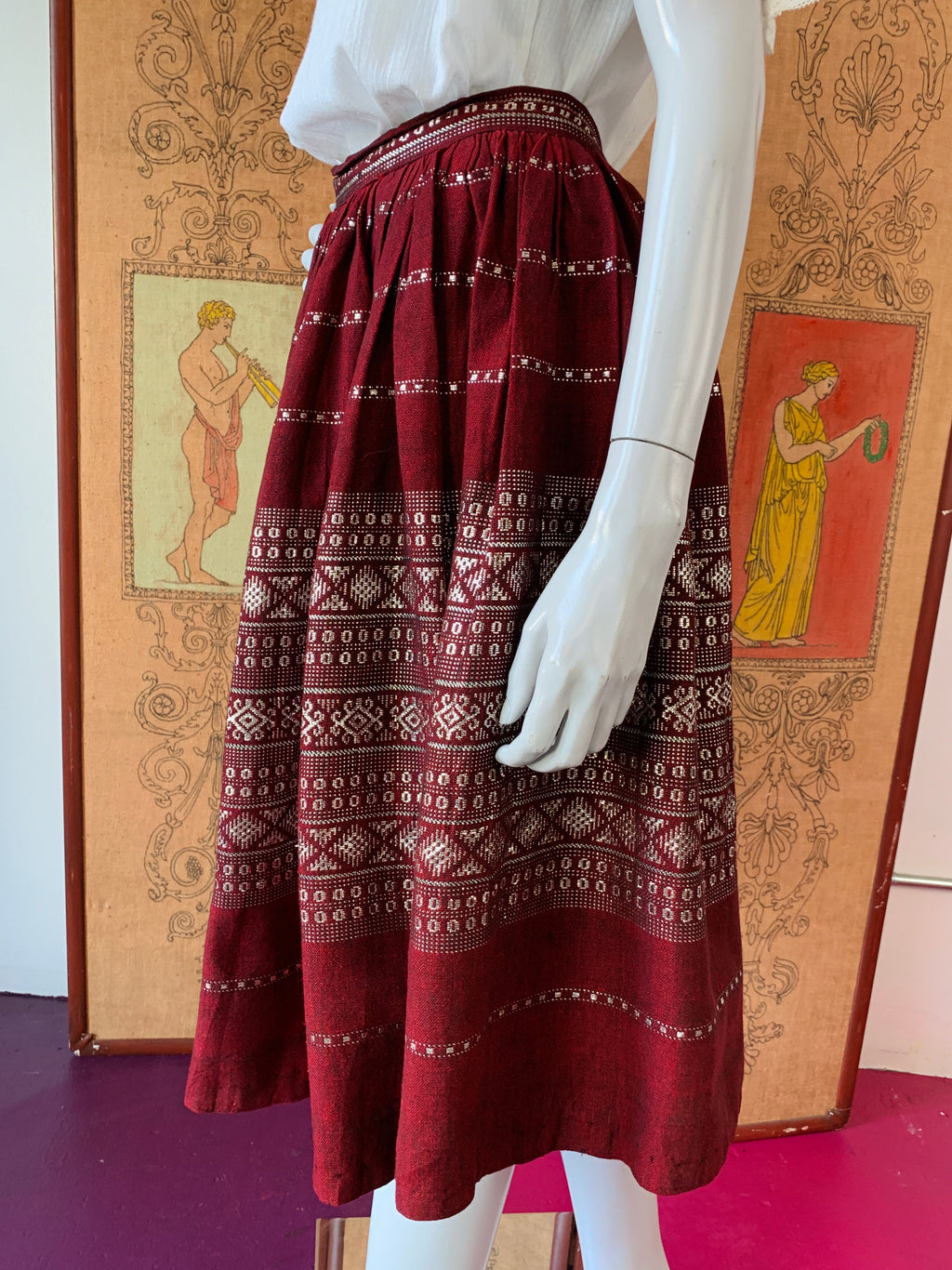 Guatemalan Silver Metallic Burgundy Skirt — vintage bottoms in silver
