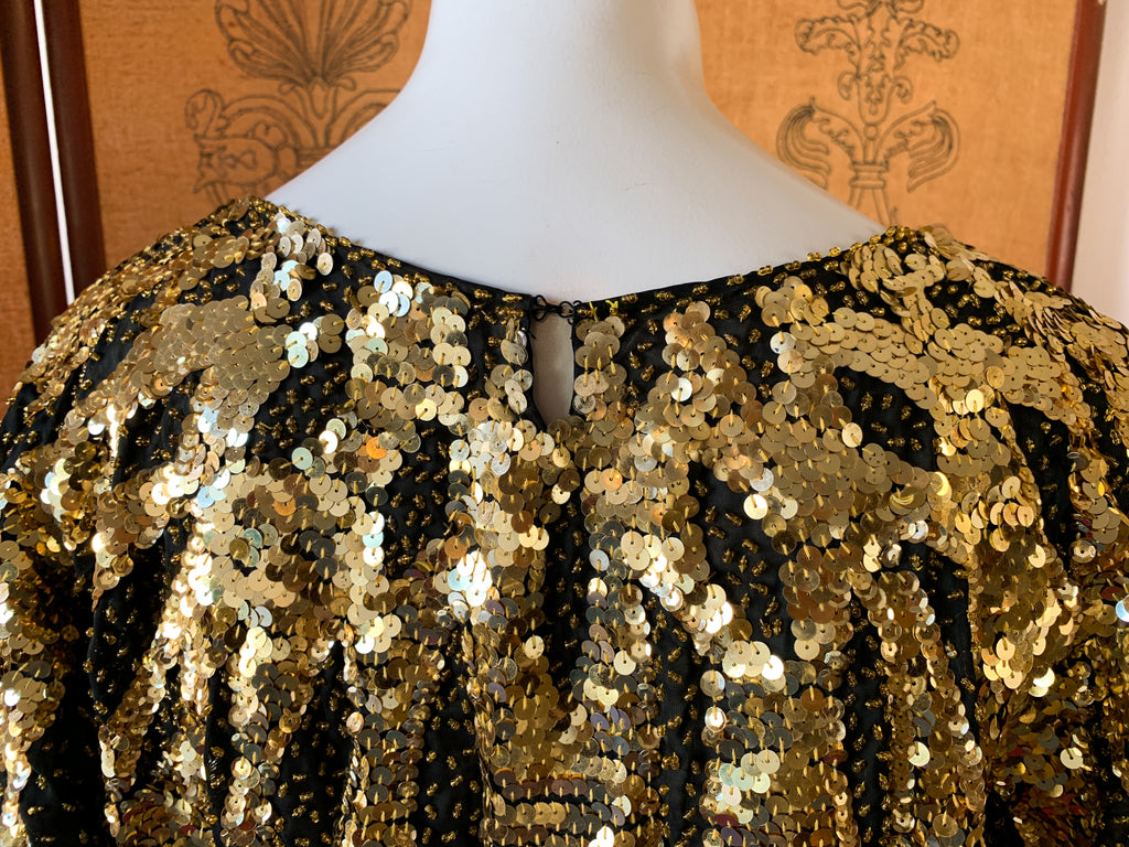 Gold Sequin & Beaded Semi Sheer Fairy Hem Top — vintage 1980s top in gold