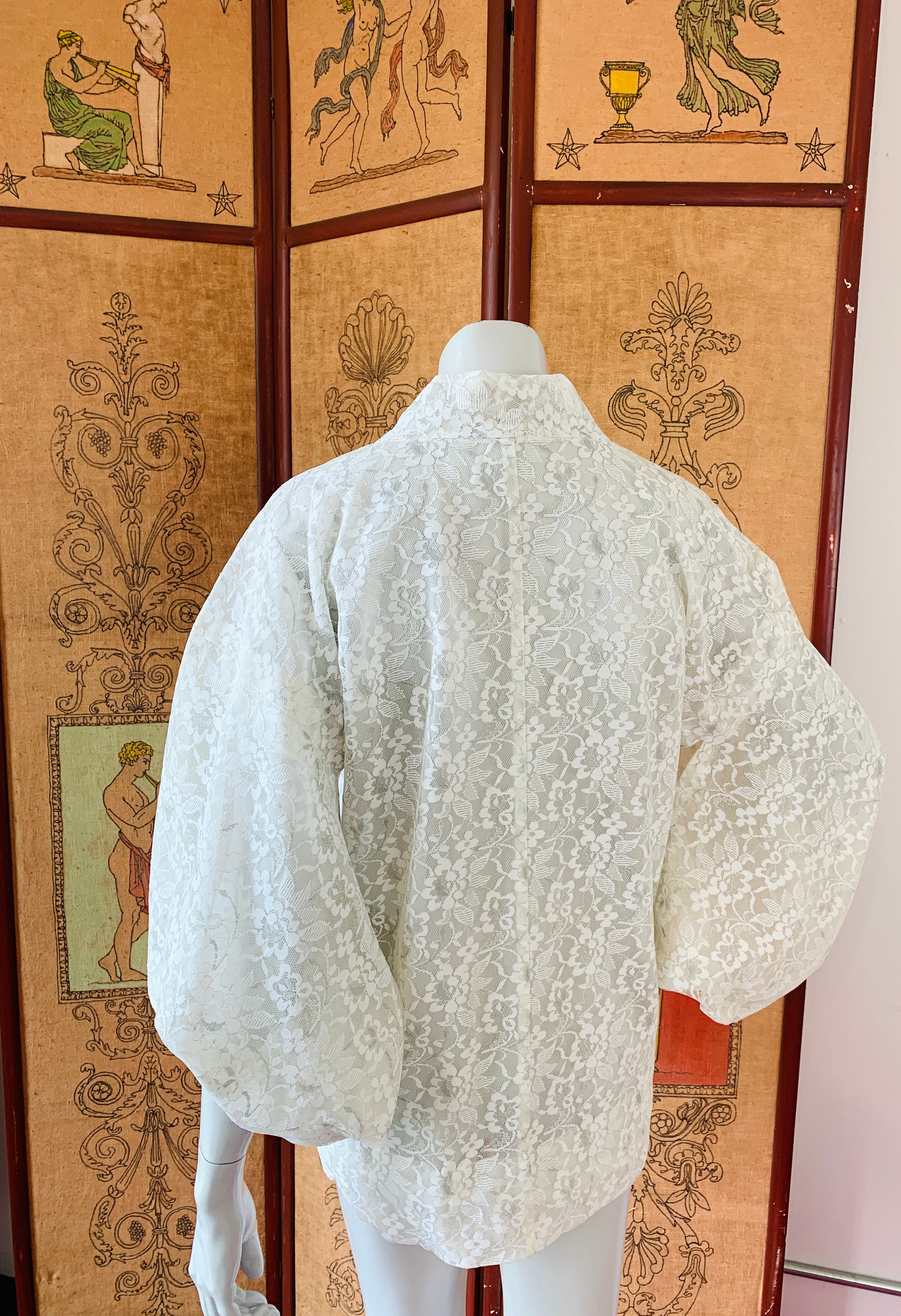 White Lace Metallic Silver Detail Summer Haori Kimono Jacket — vintage 1970s jacket in white, silver