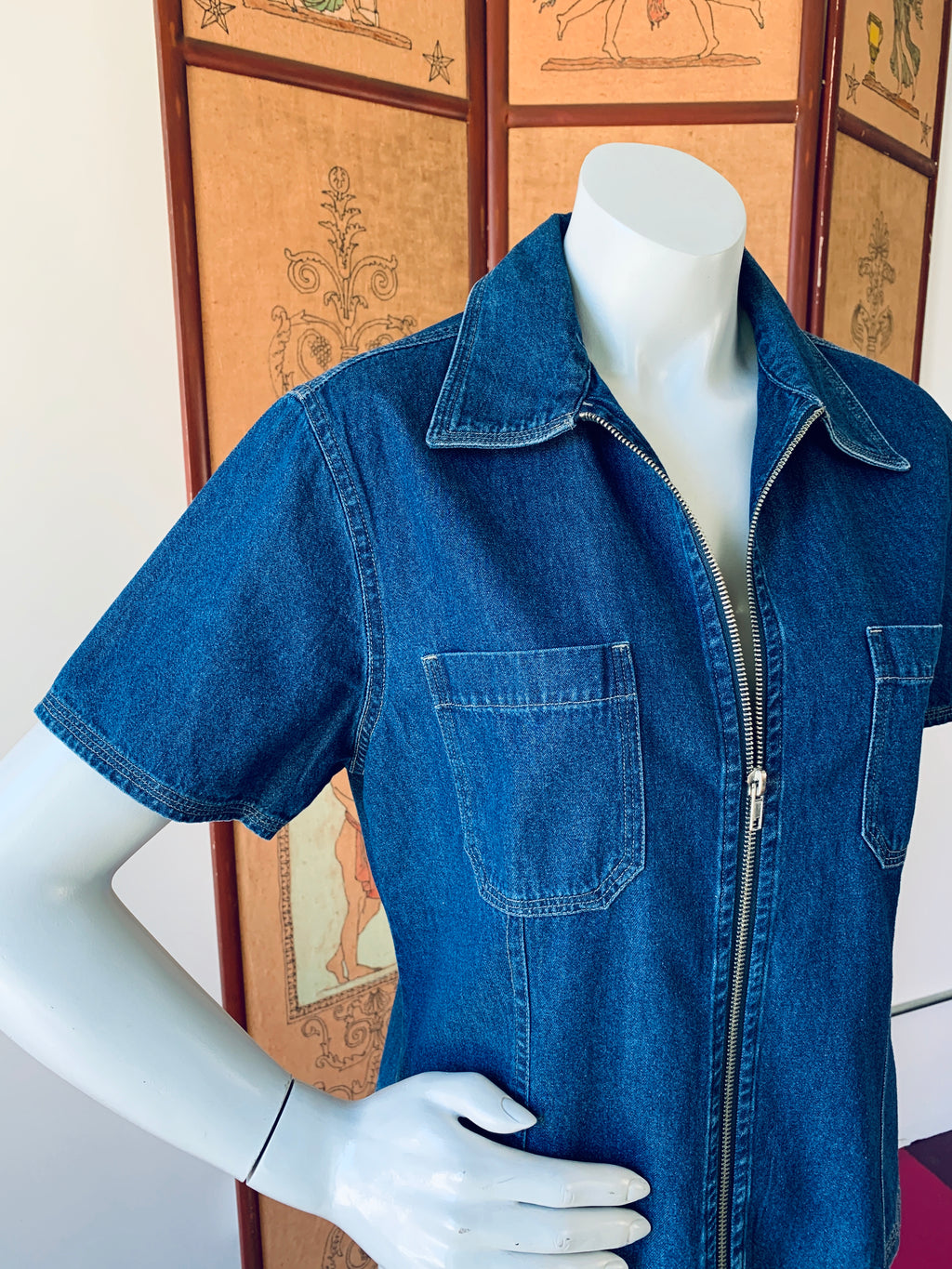 Bill Blass Zip Up Denim Short Sleeve Shirt — vintage Bill Blass top in blue