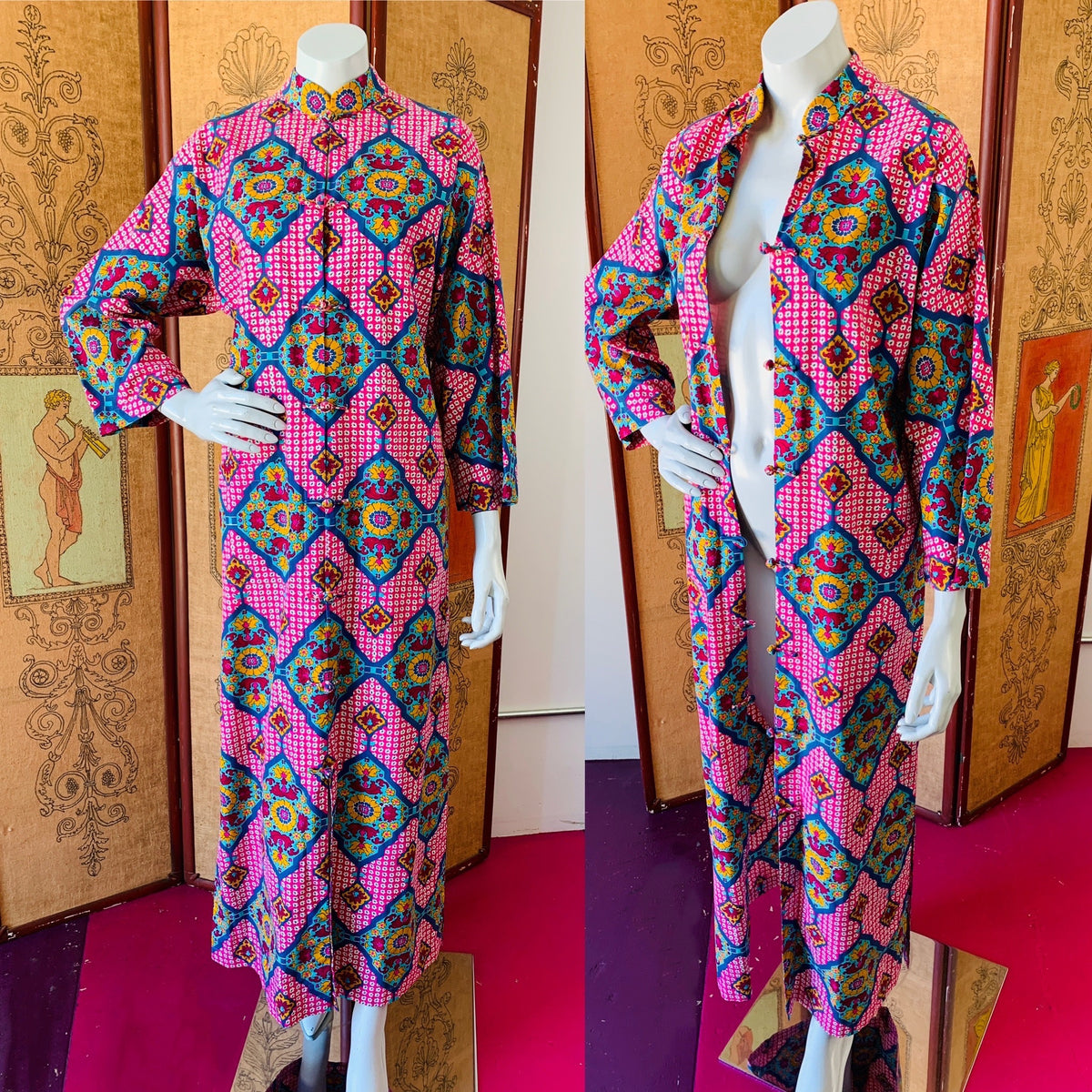 1970s Thai Wild Print Cotton Caftan with Frog Closures — vintage 1970s dress in pink
