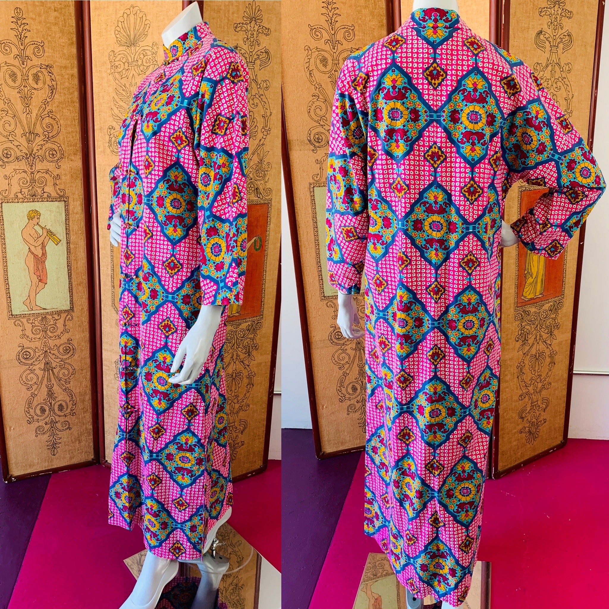 1970s Thai Wild Print Cotton Caftan with Frog Closures — vintage 1970s dress in pink